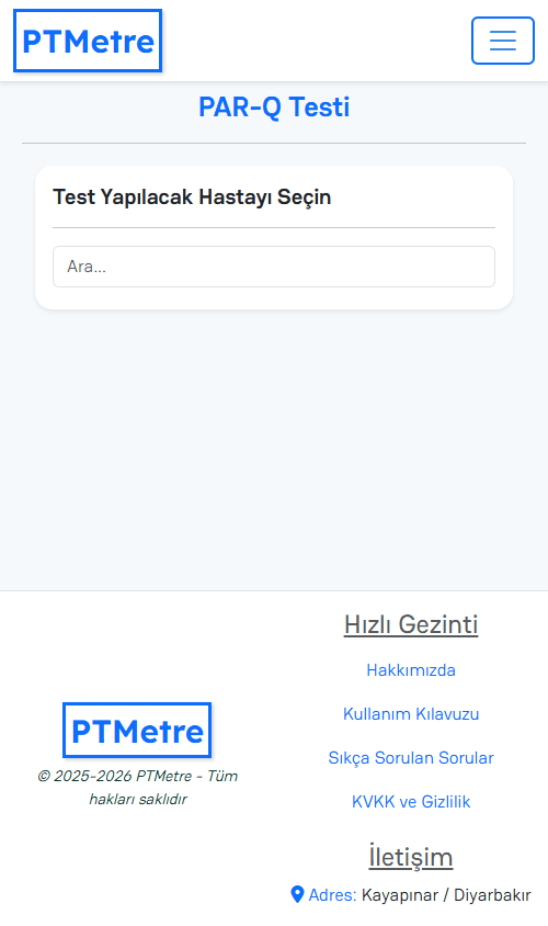 PAR-Q Testi sayfası: test yapılacak hastayı arama kutusu