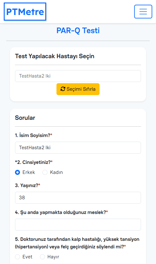 Hasta seçildikten sonra açılan PAR-Q soru formu
