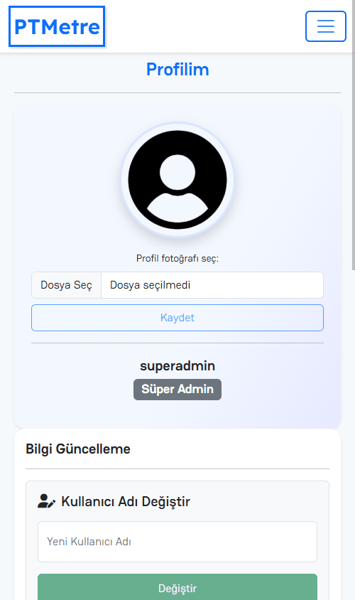 Profilim sayfasının üst kısmı: profil fotoğrafı yükleme ve kullanıcı adı değiştirme alanı