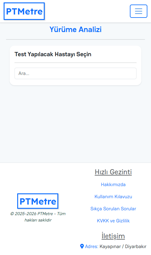 Yürüme Analizi sayfası: test yapılacak hastayı arama kutusu